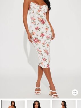 Fashion Nova White Floral Midi Dress with Pink Roses